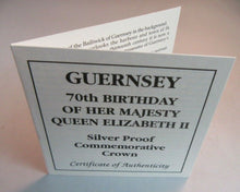 Load image into Gallery viewer, 1996 QUEEN ELIZABETH II 70TH BIRTHDAY GUERNSEY SILVER PROOF £5 COIN BOX &amp; COA
