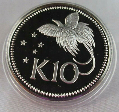 1976 PAPUA NEW GUINEA BIRD OF PARADISE K10 SILVER PROOF 45mm COIN ENCAPSULATED
