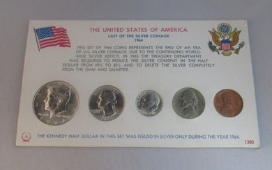 1964 USA Last of the Silver Coinage Half Dollar, Quarter and Dime 5 Coin Pack