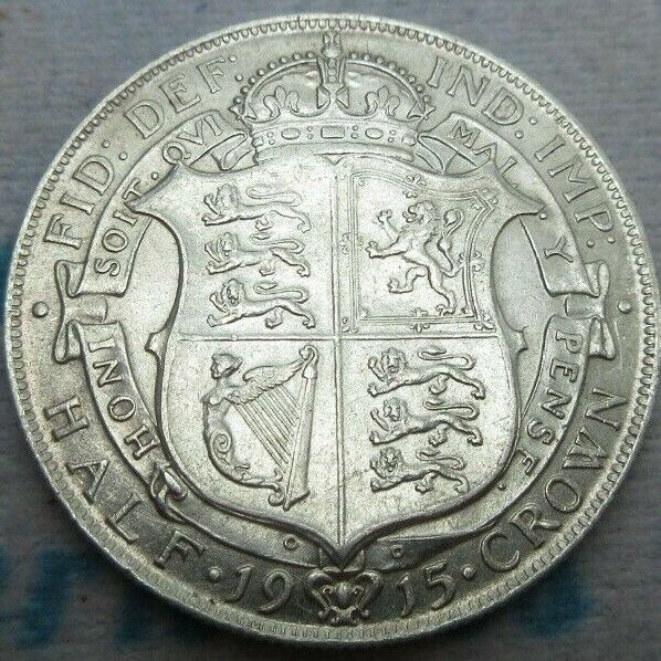 1915 GEORGE V BARE HEAD FIRST COIN HALF 1/2 CROWN SPINK 4011 CROWNED SHIELD Cc1