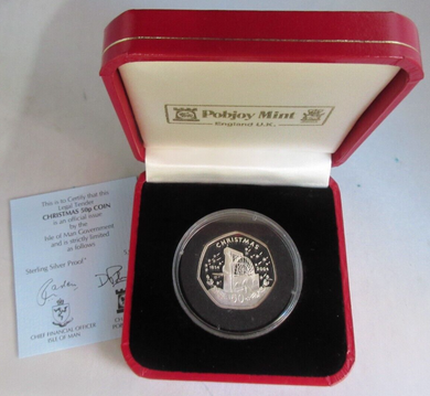 2004 CHRISTMAS 50P FIFTY PENCE SILVER PROOF IOM 50P WITH COA & BOX - RARE COIN