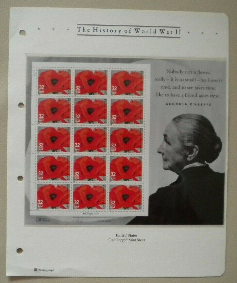 1996 THE HISTORY OF WORLD WAR II UNITED STATES RED POPPY MINISHEET 15 MNH STAMPS