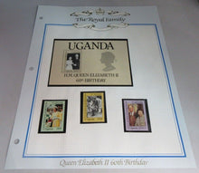 Load image into Gallery viewer, 1986 QUEEN ELIZABETH II 60TH BIRTHDAY UGANDA STAMPS &amp; ALBUM SHEET
