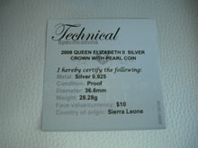 Load image into Gallery viewer, QUEEN ELIZABETH II SILVER CROWN WITH INSET PEARL 2008 SILVER $10 COIN, COA &amp; BOX
