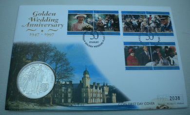 1947-1997 GOLDEN WEDDING ANNIVERSARY FALKLAND  ISLANDS £5CROWN COIN COVER PNC