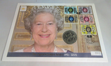 1952-2002 THE QUEEN'S GOLDEN JUBILEE BUNC 1977 CROWN COIN PNC STAMPS & POSTMARKS