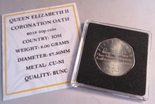 Load image into Gallery viewer, 2018 QEII CORONATION OATH ISLE OF MAN BUNC 50P COIN ENCAPSULATED WITH COA
