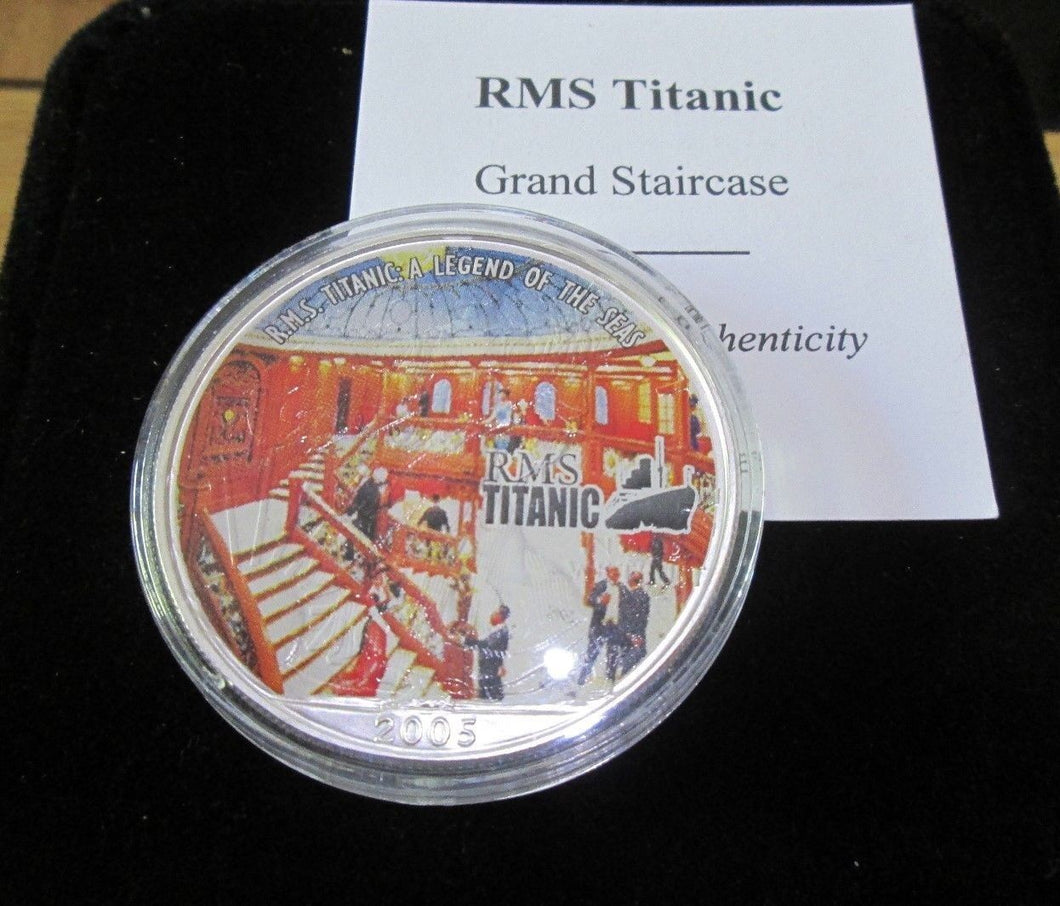 2005 RMS TITANIC COLOURED 1oz .999 SILVER EAGLE DOLLAR WITH Box/COA GRAND STAIRS