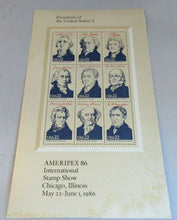 Load image into Gallery viewer, 1986 INTERNATIONAL STAMP SHOW PRESIDENTS OF THE UNITED STATES MNH 4 SHEETS
