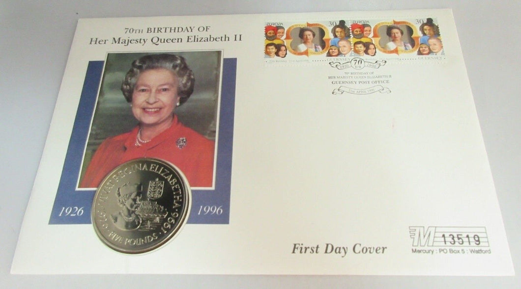 1926-1996 70TH BIRTHDAY HER MAJESTY QUEEN ELIZABETH II  £5 CROWN COIN COVER PNC