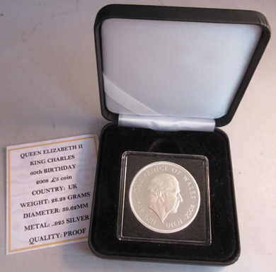 2008 KING CHARLES 60TH BIRTHDAY SILVER PROOF £5 FIVE POUND COIN WITH BOX & COA