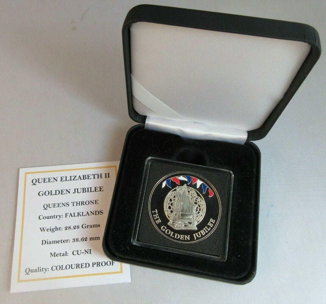 2002 QEII GOLDEN JUBILEE QUEENS THRONE 50P CROWN COLOURED PROOF BOXED WITH COA