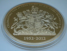 Load image into Gallery viewer, 1952-2012 THE DIAMOND JUBILEE QEII &amp; PRINCE PHILIP LARGE GOLD PLATED MEDAL/CAP
