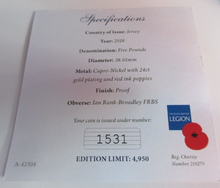 Load image into Gallery viewer, 2018 LEST WE FORGET JERSEY PROOF £5 FIVE POUND POPPY COIN COLORISED BOX &amp; COA
