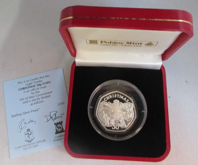 1996 CHRISTMAS 50P FIFTY PENCE SILVER PROOF IOM 50P WITH COA & BOX - RARE COIN