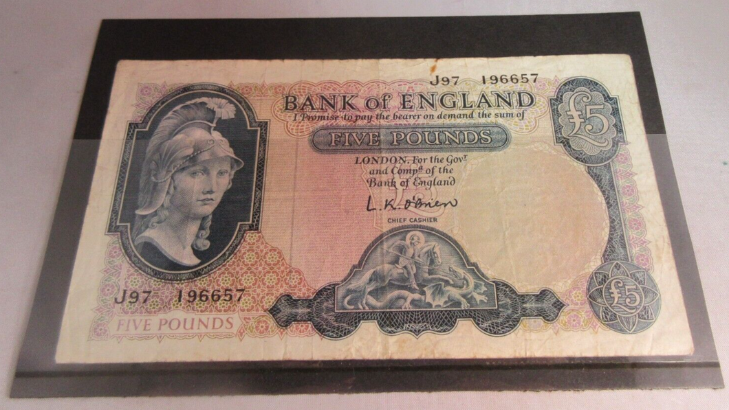 1961 O'BRIEN BRITANNIA FIVE POUND £5 NOTE JULY 1961 VF J97 196657