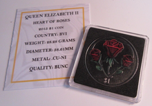 Load image into Gallery viewer, 2015 QUEEN ELIZABETH II HEART OF ROSES BVI ONE DOLLAR COIN CAPSULE &amp; COA
