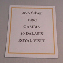 Load image into Gallery viewer, Royal Visit 1996 .925 Silver Proof 1oz Gambia 10 Dalasis Coin in Box/COA
