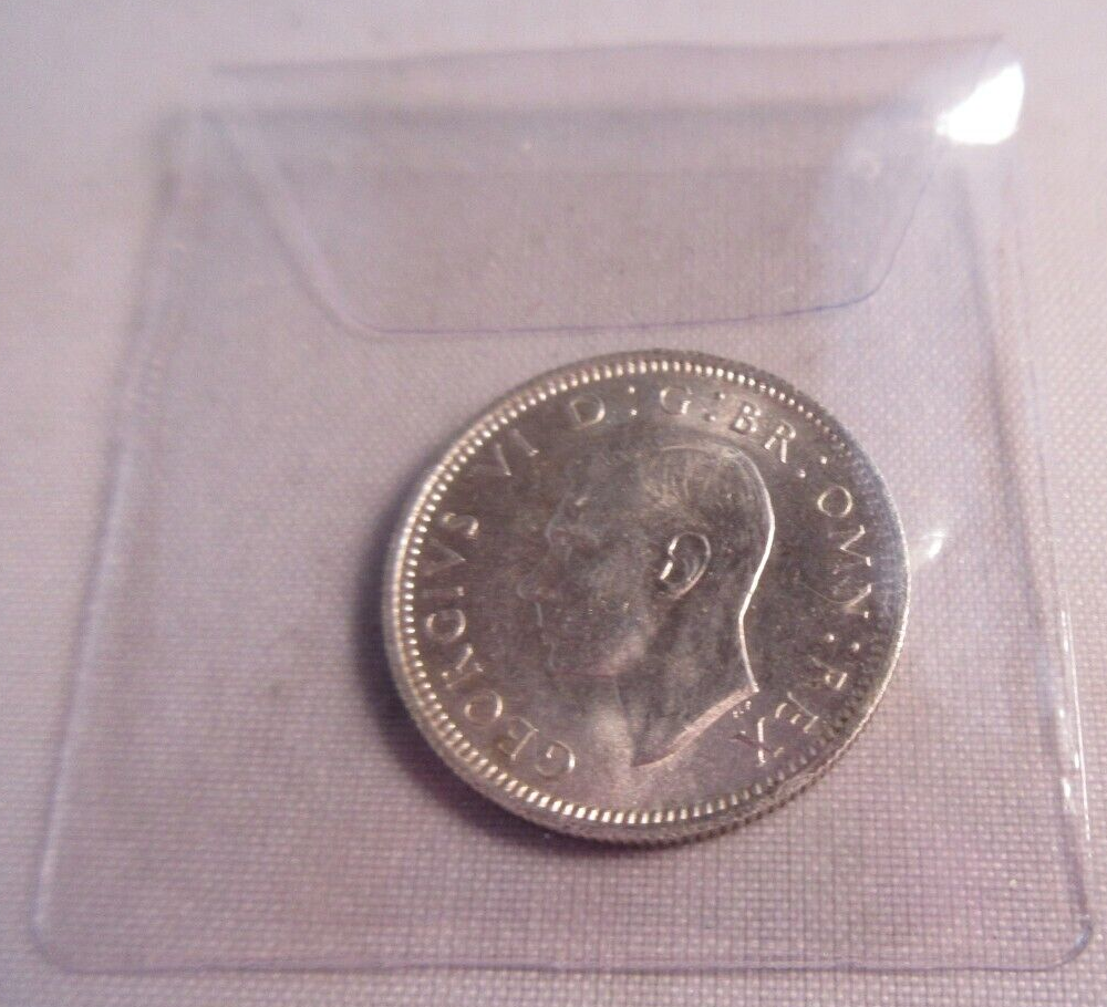 1944 KING GEORGE VI BARE HEAD .500 SILVER UNC 6d SIXPENCE COIN IN CLEAR FLIP