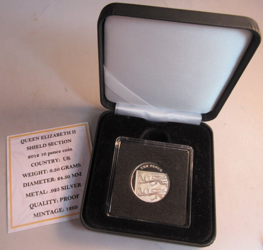 2012 QUEEN ELIZABETH II SHIELD SECTION SILVER PROOF TEN PENCE COIN BOX & COA