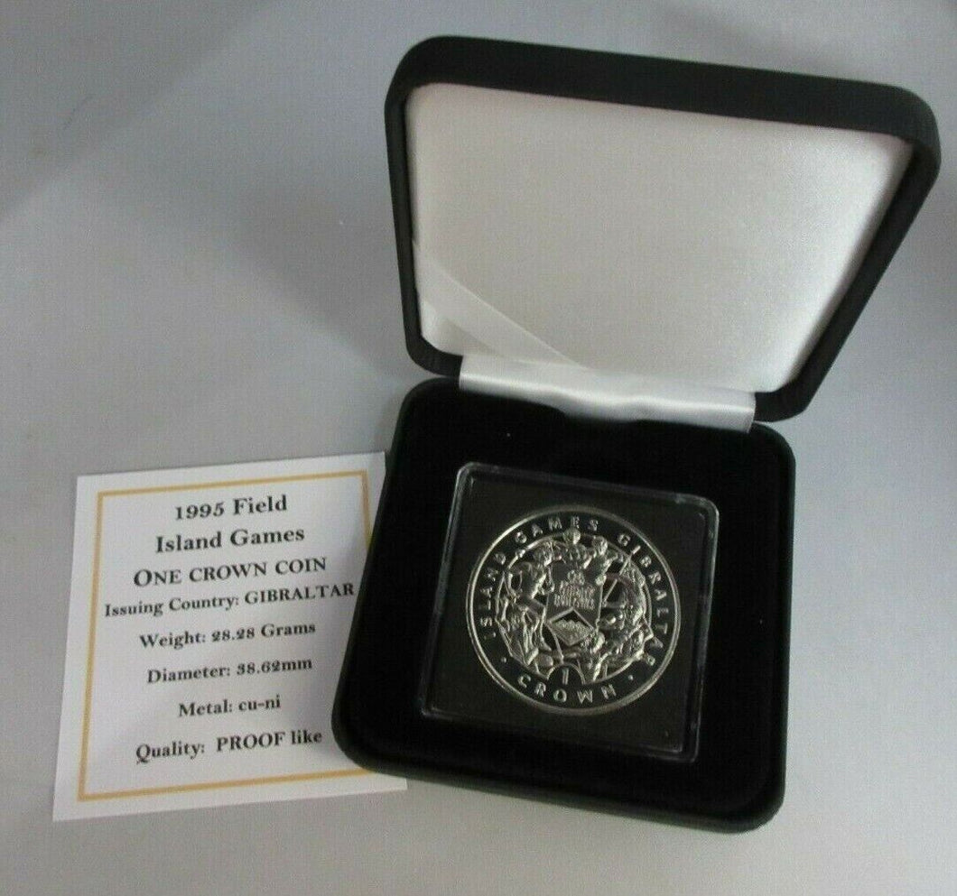 1995 ISLAND GAMES GIBRALTAR PROOF LIKE ONE CROWN COIN BOX & COA