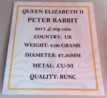 Load image into Gallery viewer, 2017 PETER RABBIT QEII BUNC 50P FIFTY PENCE COIN QUAD CAPSULE &amp; COA
