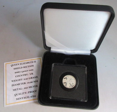 2009 QEII SHIELD SECTION SILVER PROOF FIVE PENCE 5P COIN BOX & COA