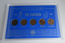 Load image into Gallery viewer, BRITAINS LOST COINAGE THE FARTHING 1895-1955 UK 5 COIN SET &amp; ROYAL MINT RED BOOK
