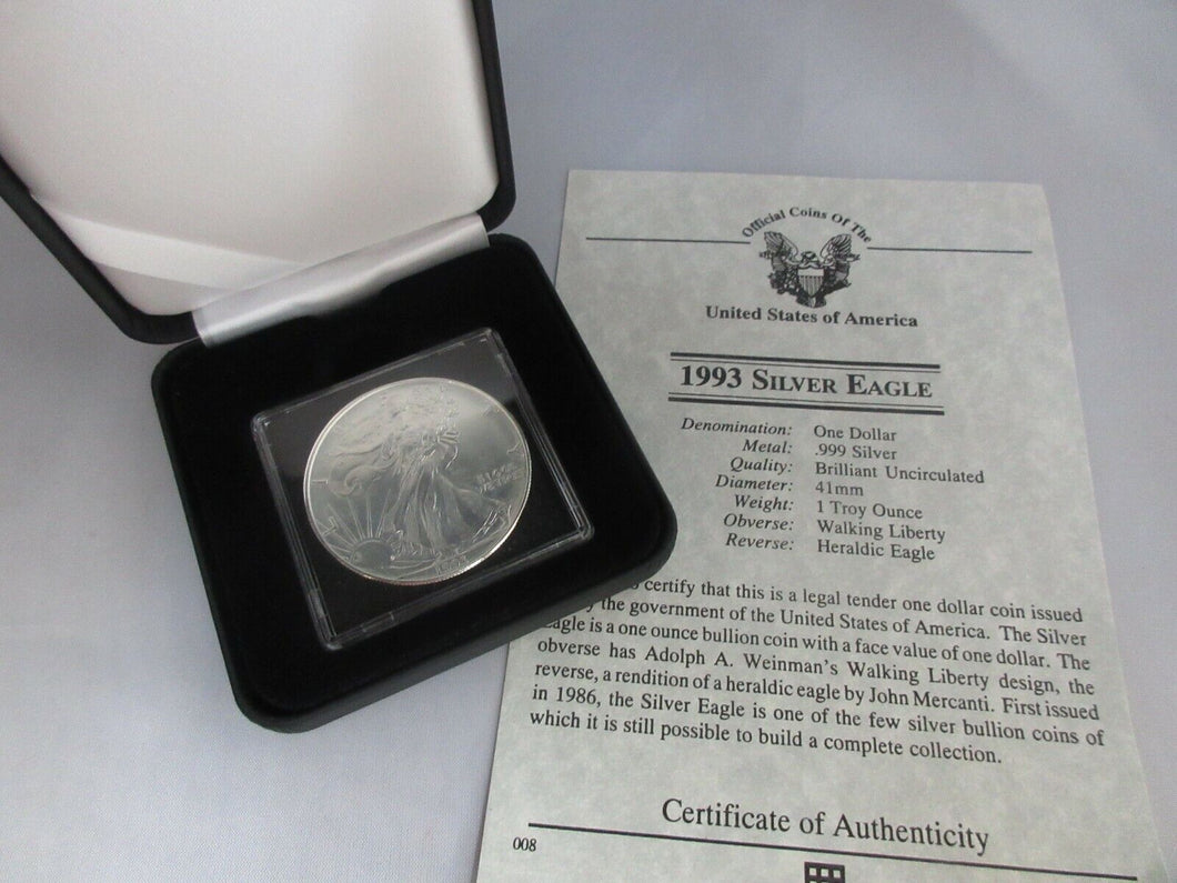 1993 USA SILVER EAGLE 1 TROY OUNCE OF .999 SILVER BOX & CERTIFICATE