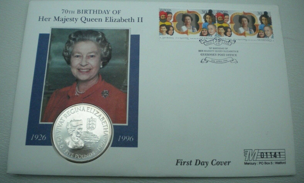 1926-1996 70TH BIRTHDAY HER MAJESTY QUEEN ELIZABETH II  £5 CROWN COIN COVER PNC