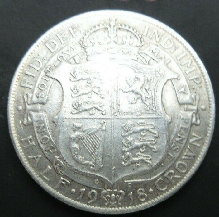 1918 GEORGE V BARE HEAD FIRST COIN HALF 1/2 CROWN SPINK 4011 CROWNED SHIELD Cc6