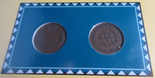 Load image into Gallery viewer, INDIAN HEAD PENNIES ISSUED 1894 &amp; 1895 WITH POSTAGE STAMPS ON ALBUM INFO SHEET
