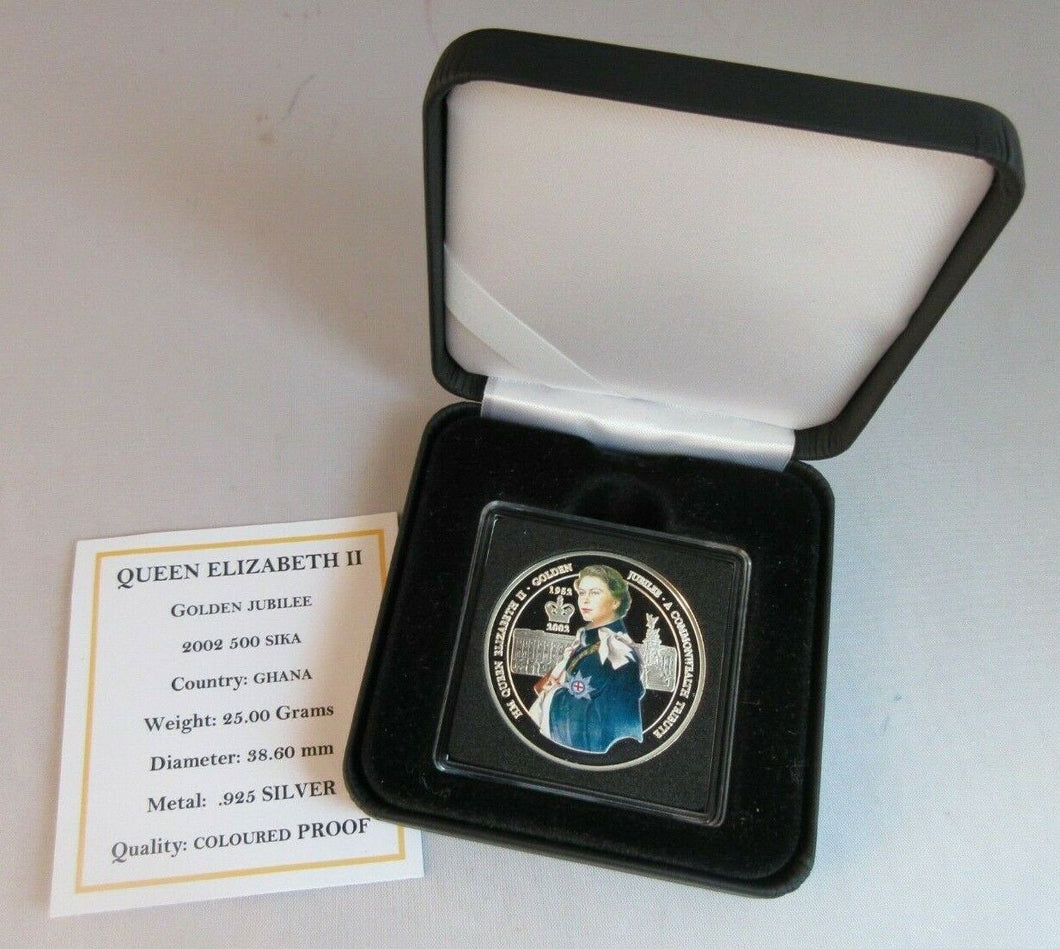 2002 QUEEN ELIZABETH II GOLDEN JUBILEE SILVER PROOF GHANA 500 SIKA COIN BOX &COA