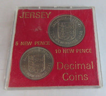 Load image into Gallery viewer, 1968 JERSEY 5 NEW PENCE &amp; 10 NEW PENCE DECIMAL COINS SET IN CLEAR HARD CASE
