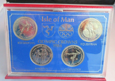 1984 ISLE OF MAN OLYMPIC CROWNS SET OF 4 DIAMOND FINISH IN ROYAL MINT RED BOOK