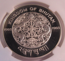 Load image into Gallery viewer, 1993 CORONATION ANNIVERSARY QEII BHUTAN SILVER 300 NGULTRUM COIN SLAB &amp; COA
