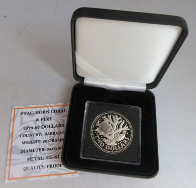 1973 PROOF STAGHORN CORAL & FISH BARBADOS $2 COIN BOX & COA