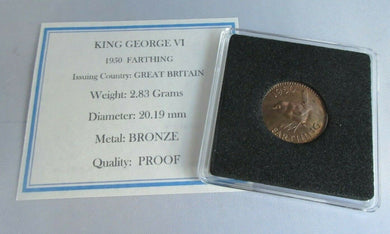 1950 KING GEORGE VI FARTHING BRONZE PROOF COIN WITH QUAD CAPSULE & COA