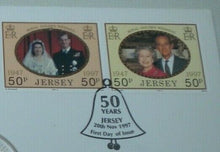 Load image into Gallery viewer, 1947-1997 ROYAL GOLDEN WEDDING ANNIVERSARY JERSEY £5 CROWN COVER PNC WITH INFO
