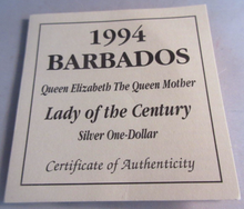 Load image into Gallery viewer, 1994 SILVER PROOF BARBADOS 1 DOLLAR QUEEN MOTHER LADY OF THE CENTURY BOX &amp; COA

