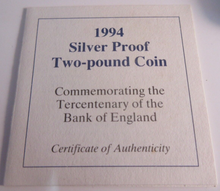 Load image into Gallery viewer, 1994 £2 TERCENTENARY OF THE BANK OF ENGLAND SILVER PROOF TWO POUND COIN BOXED
