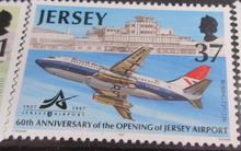 Load image into Gallery viewer, 50TH &amp; 60th ANNIVERSARY OF JERSEY AIRPORT 5 X STAMPS MNH WITH STAMP HOLDER
