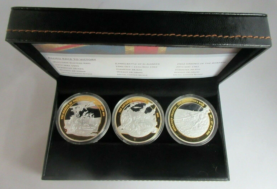 1929-1945 DEFINING MOMENTS OF WWII MEDALLION SET OF THREE WITH BOX & INFO SHEET