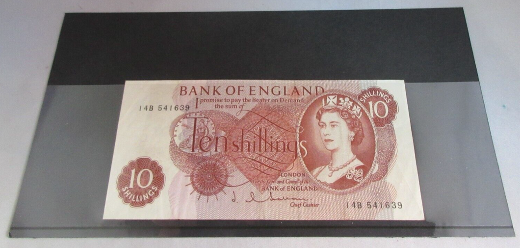 1963 TEN SHILLINGS BANK NOTE HOLLOM EF+ 14B 541639 IN CLEAR FRONTED NOTE HOLDER