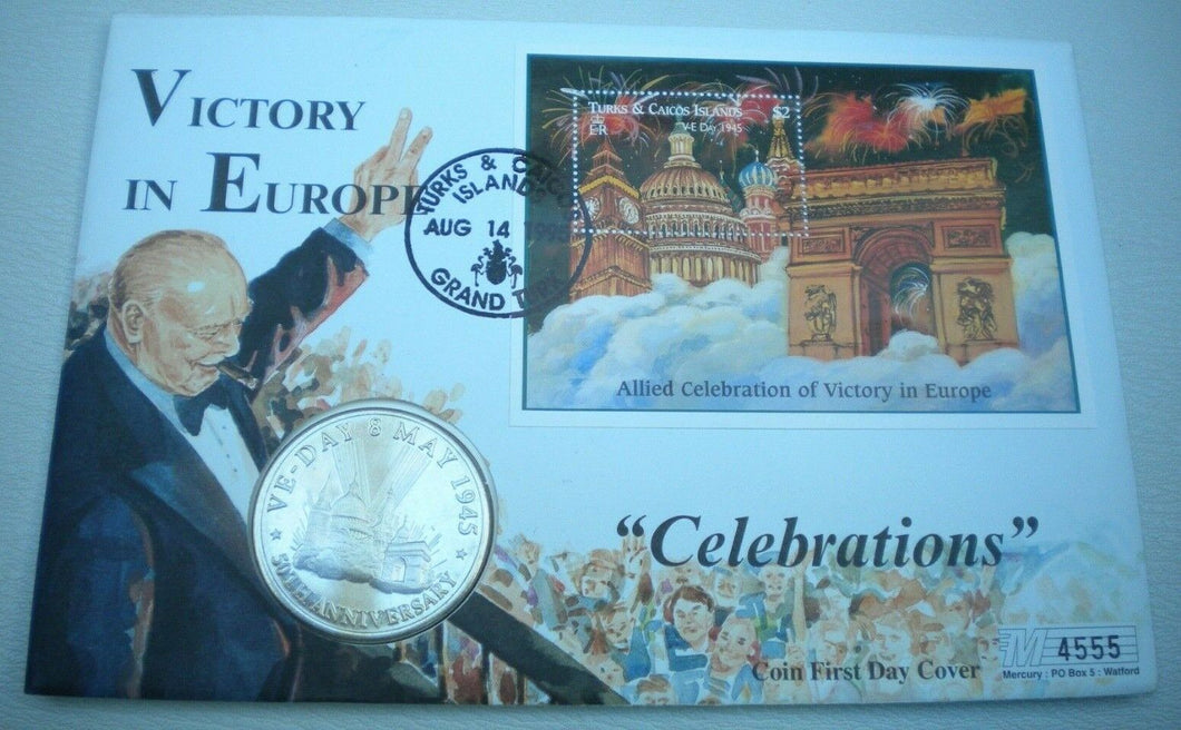1995 VICTORY IN EUROPE CELEBRATIONS TURKS & CAICOS BUNC 5 CROWN COIN COVER PNC