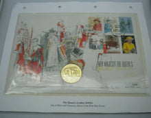 Load image into Gallery viewer, 1952-2002 HM THE QUEENS GOLDEN JUBILEE SILVER PROOF/GOLD PLATED £5COIN COVER PNC
