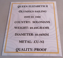 Load image into Gallery viewer, 2000 OLYMPICS SAILING PROOF SOLOMON ISLANDS $1 ONE DOLLAR COIN BOX &amp; COA
