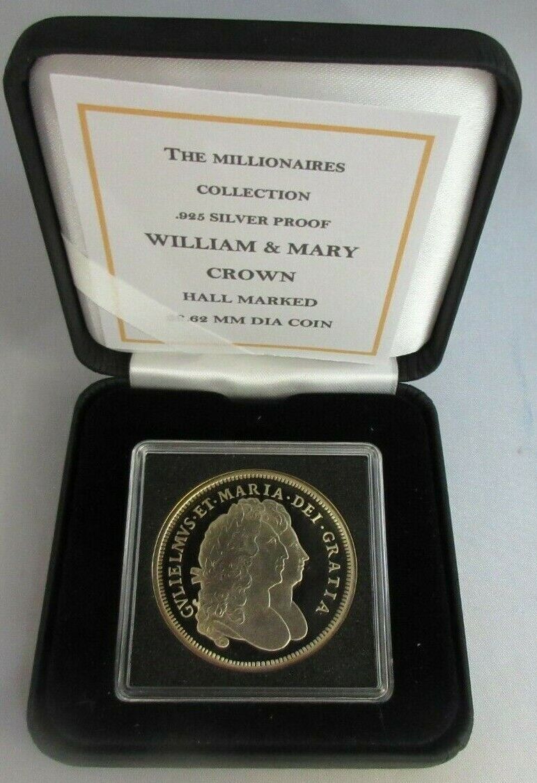 THE MILLIONAIRES COLLECTION WILLIAM & MARY CROWN H-MARKED SILVER PROOF BOX & COA