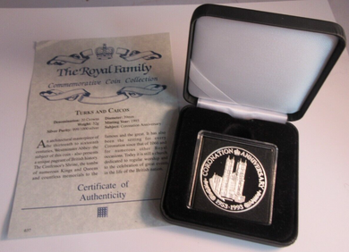 1993 QEII CORONATION ANNIVERSARY SILVER PROOF 20 CROWNS COIN BOX & COA