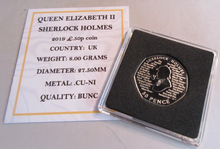 Load image into Gallery viewer, 2019 SHERLOCK HOLMES QEII BUNC 50P FIFTY PENCE COIN WITH QUAD CAPSULE &amp; COA
